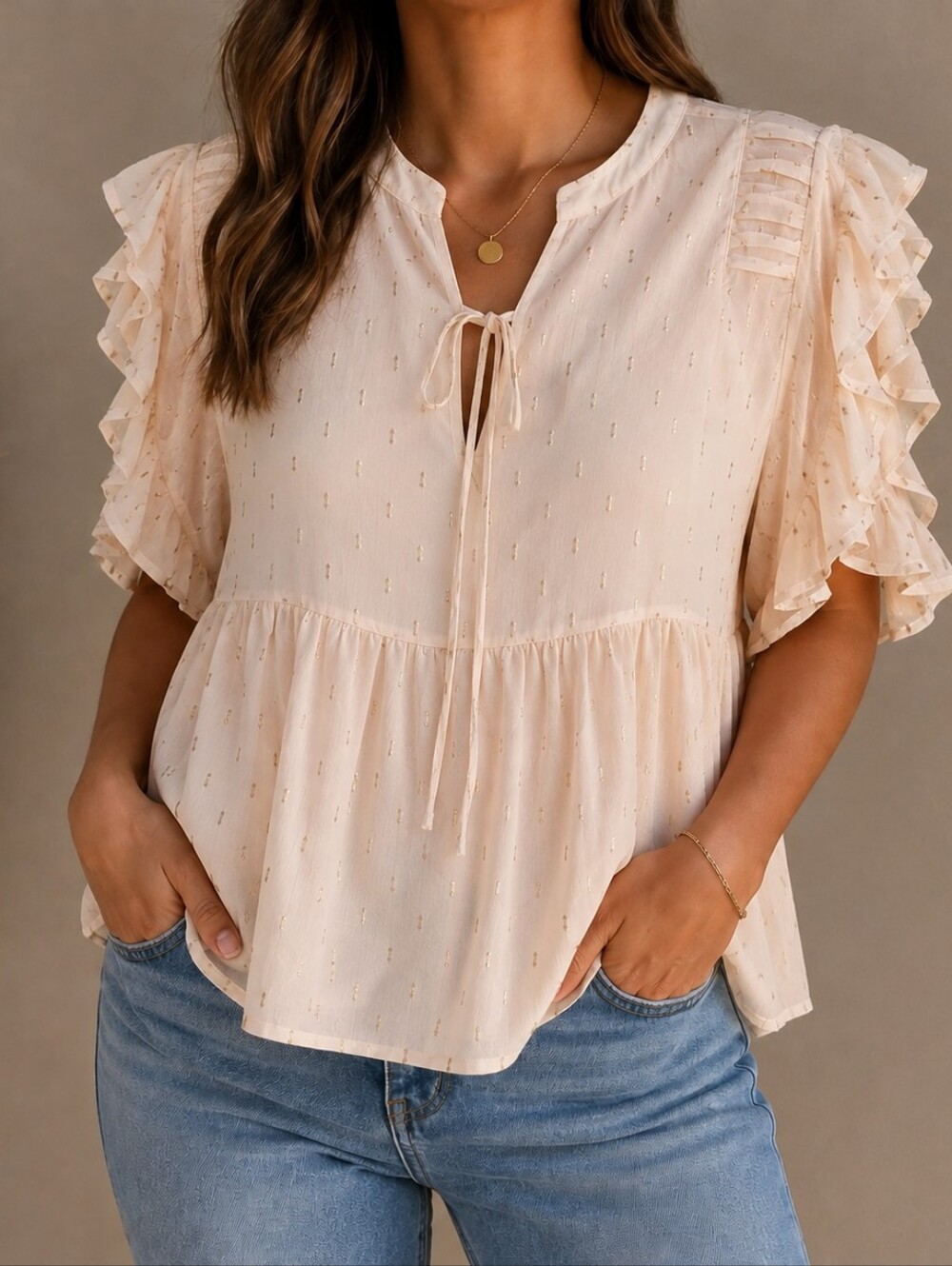 NWT Blouse Boho Jessica Simpson Ruffle Sleeve  Fairy Tie-Neck